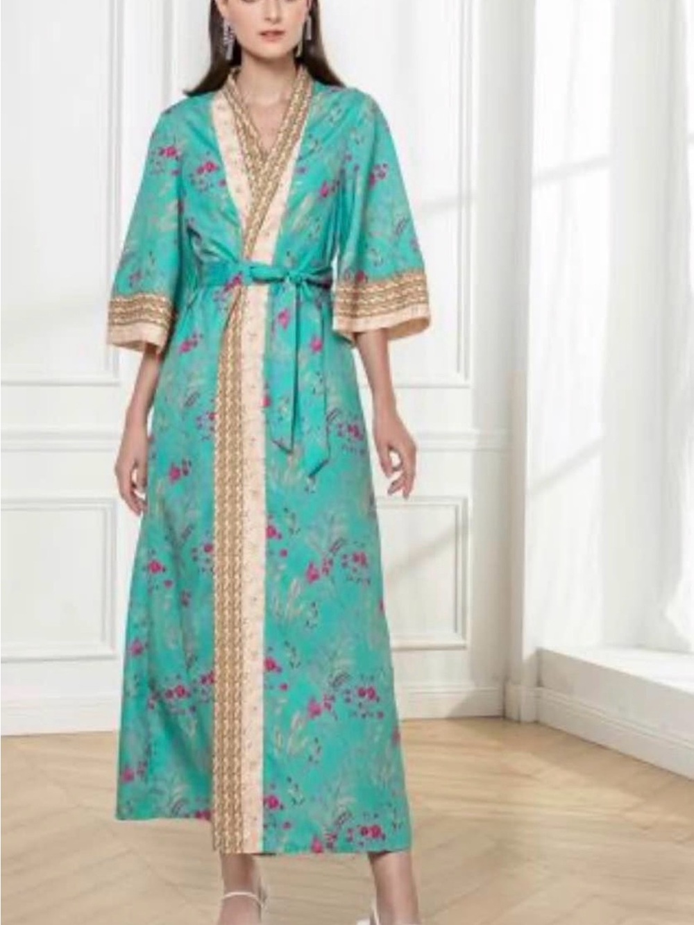 Turquoise Floral Satin Kimono Robe with Gold Trim